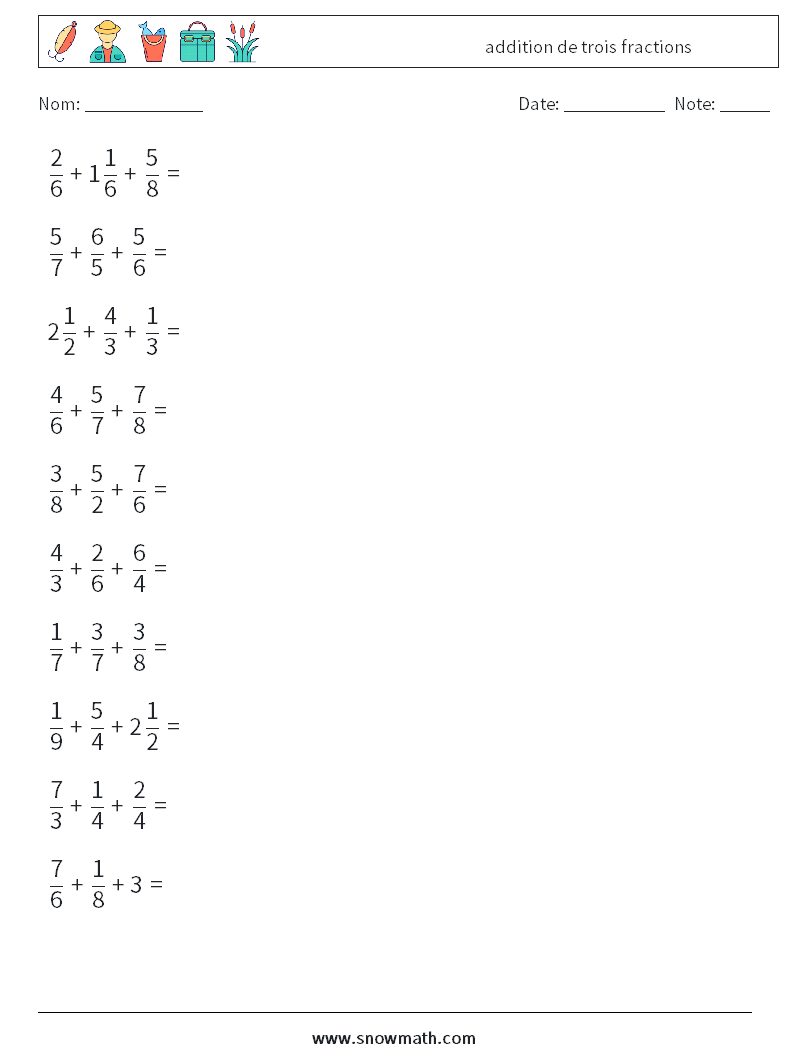 (10) addition de trois fractions Fiches d'Exercices de Mathématiques 17