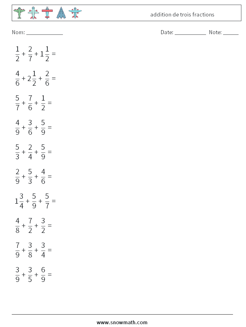 (10) addition de trois fractions Fiches d'Exercices de Mathématiques 18