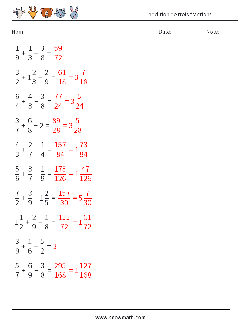 (10) addition de trois fractions Fiches d'Exercices de Mathématiques 1 Question, Réponse