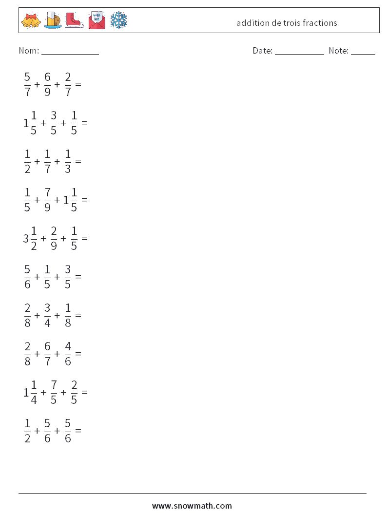 (10) addition de trois fractions Fiches d'Exercices de Mathématiques 2