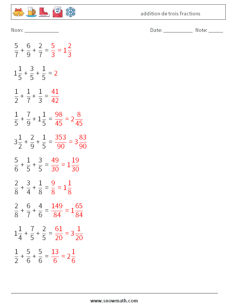 (10) addition de trois fractions Fiches d'Exercices de Mathématiques 2 Question, Réponse