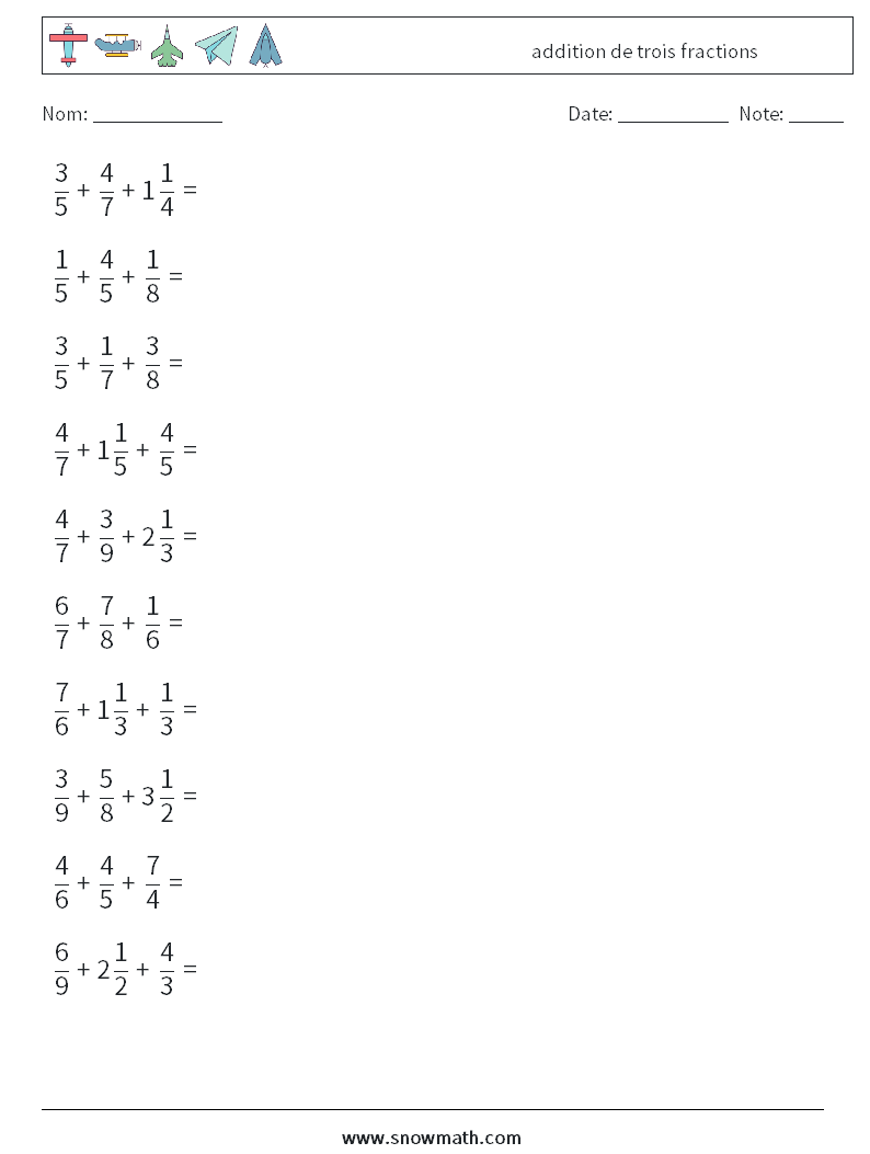 (10) addition de trois fractions Fiches d'Exercices de Mathématiques 3