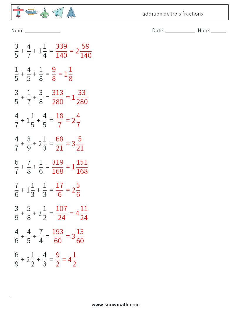 (10) addition de trois fractions Fiches d'Exercices de Mathématiques 3 Question, Réponse