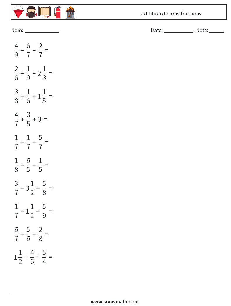 (10) addition de trois fractions Fiches d'Exercices de Mathématiques 4