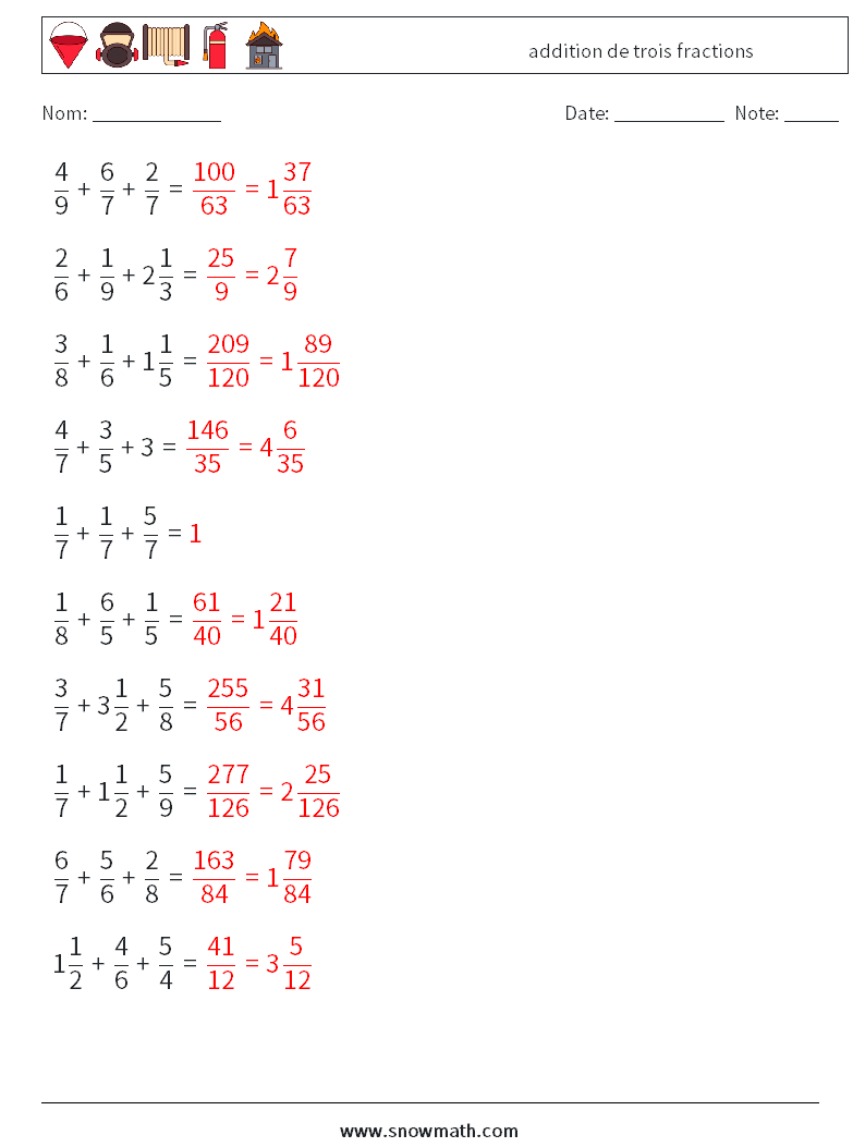 (10) addition de trois fractions Fiches d'Exercices de Mathématiques 4 Question, Réponse