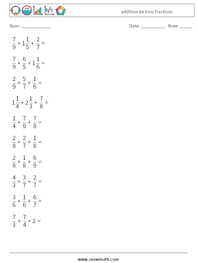 (10) addition de trois fractions Fiches d'Exercices de Mathématiques 5