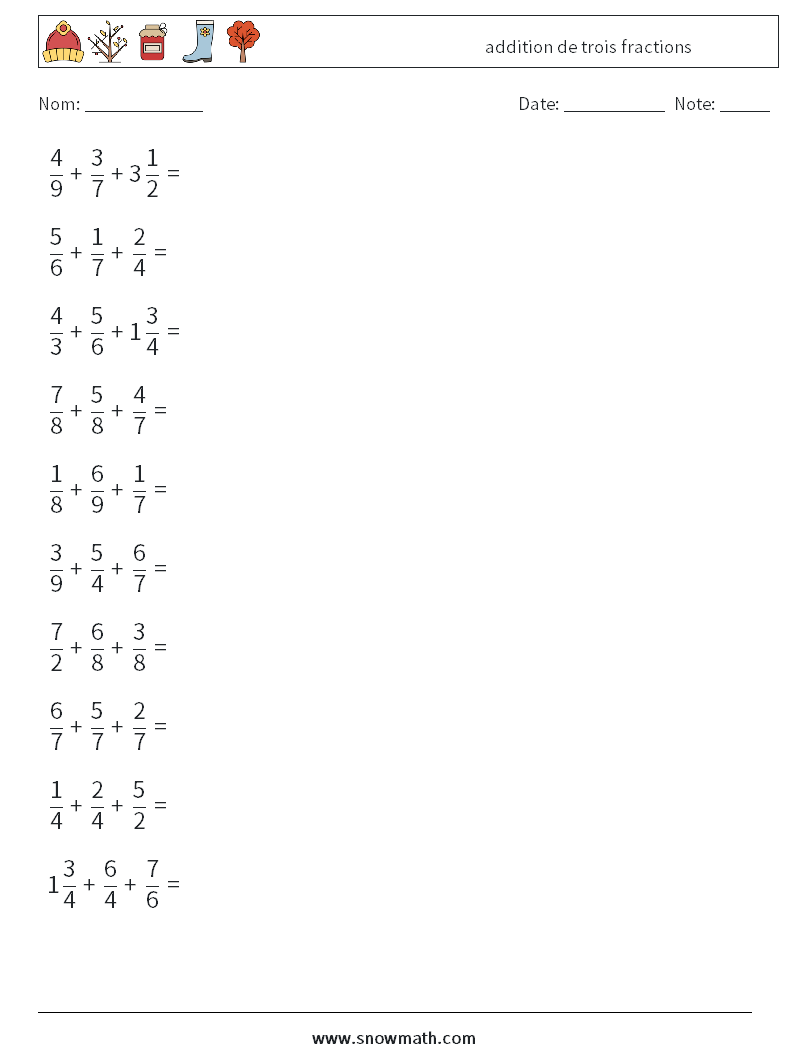 (10) addition de trois fractions Fiches d'Exercices de Mathématiques 6