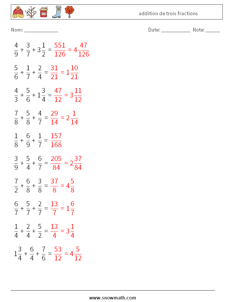 (10) addition de trois fractions Fiches d'Exercices de Mathématiques 6 Question, Réponse