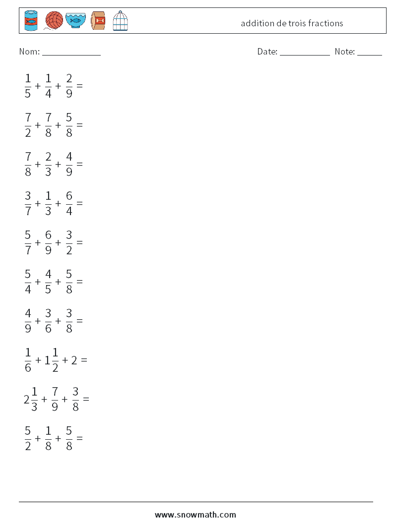 (10) addition de trois fractions Fiches d'Exercices de Mathématiques 7