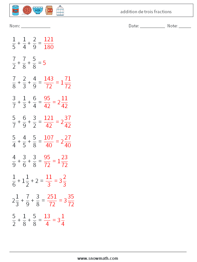 (10) addition de trois fractions Fiches d'Exercices de Mathématiques 7 Question, Réponse