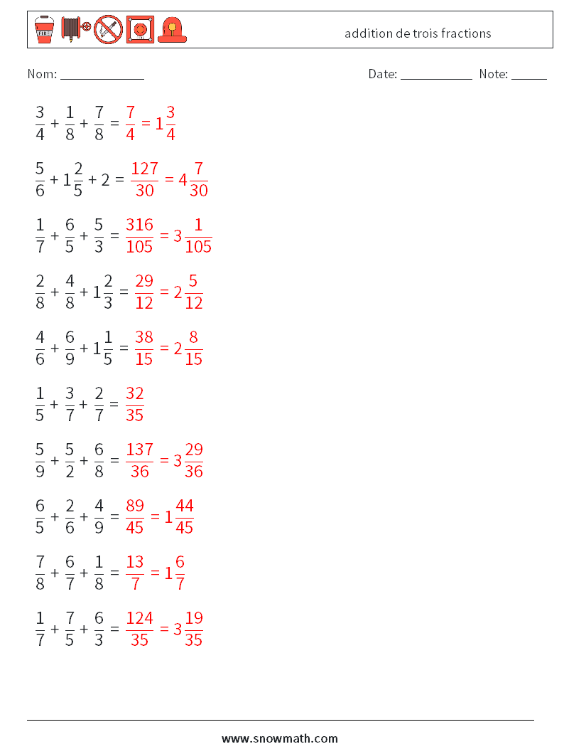 (10) addition de trois fractions Fiches d'Exercices de Mathématiques 8 Question, Réponse
