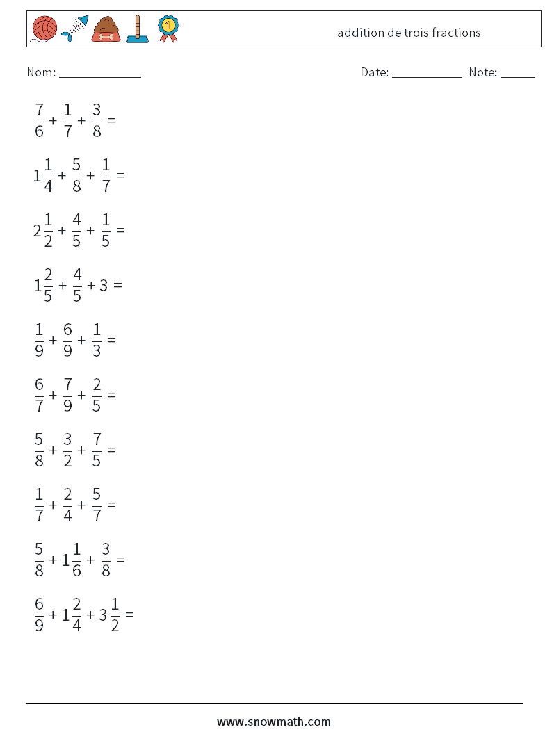 (10) addition de trois fractions Fiches d'Exercices de Mathématiques 9