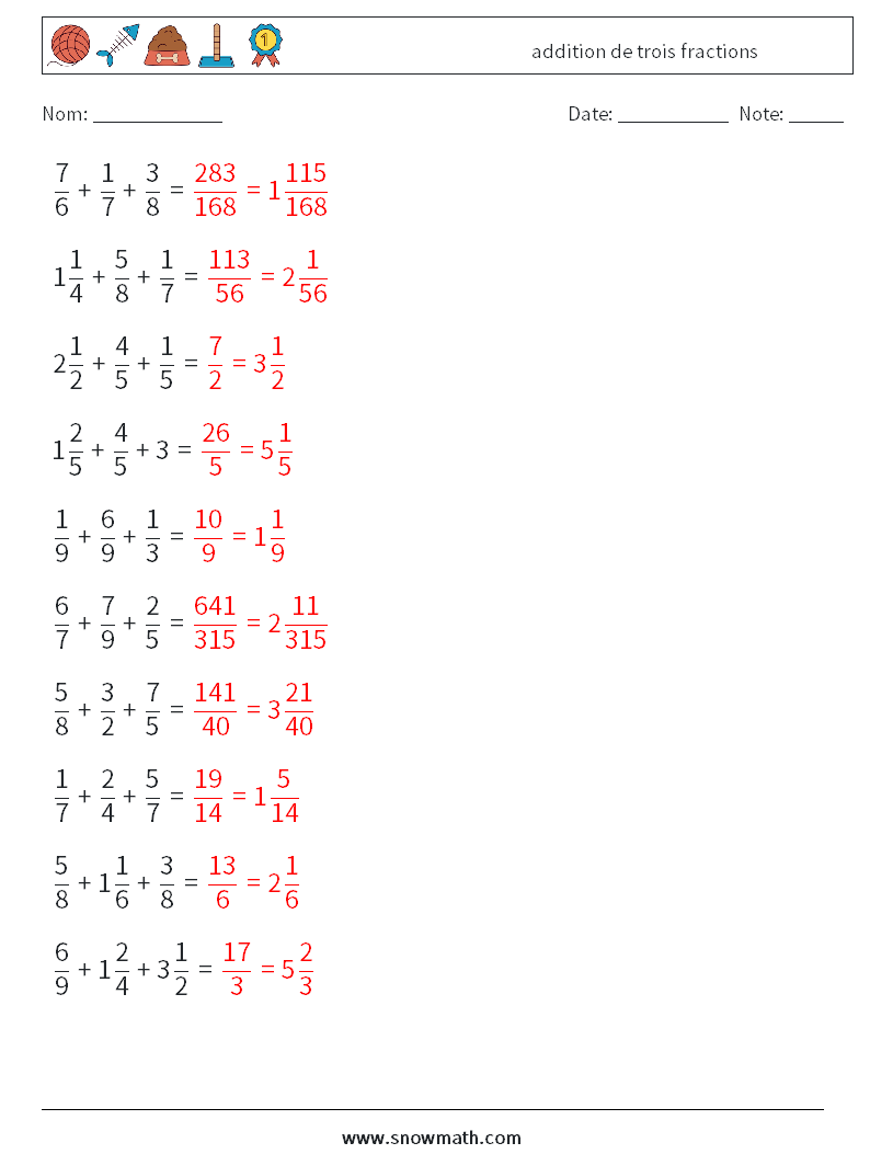 (10) addition de trois fractions Fiches d'Exercices de Mathématiques 9 Question, Réponse