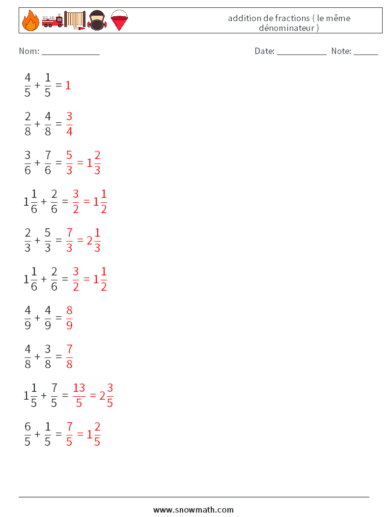 (10) addition de fractions ( le même dénominateur ) Fiches d'Exercices de Mathématiques 10 Question, Réponse