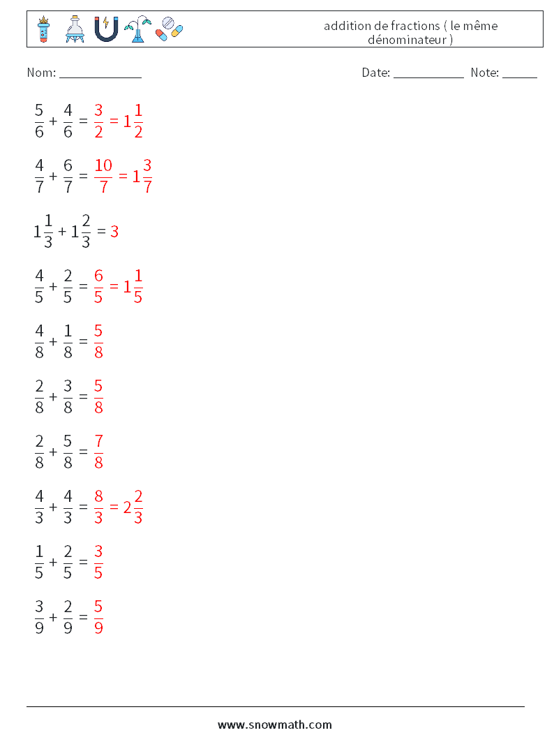 (10) addition de fractions ( le même dénominateur ) Fiches d'Exercices de Mathématiques 12 Question, Réponse