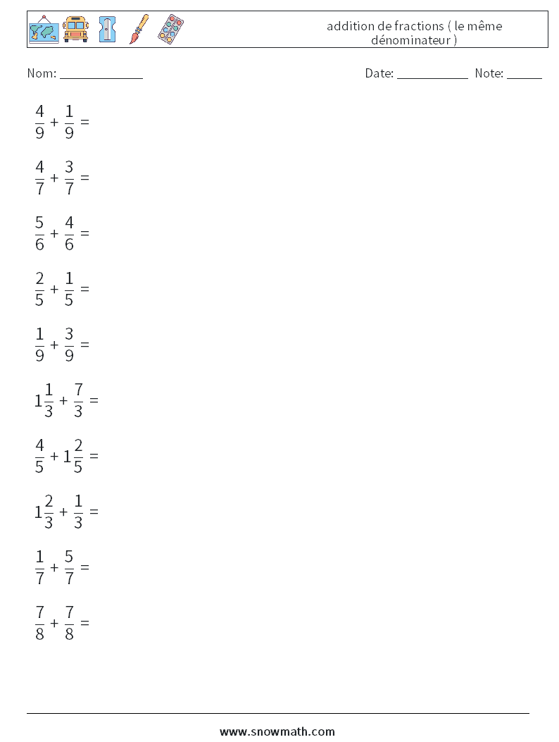 (10) addition de fractions ( le même dénominateur ) Fiches d'Exercices de Mathématiques 13