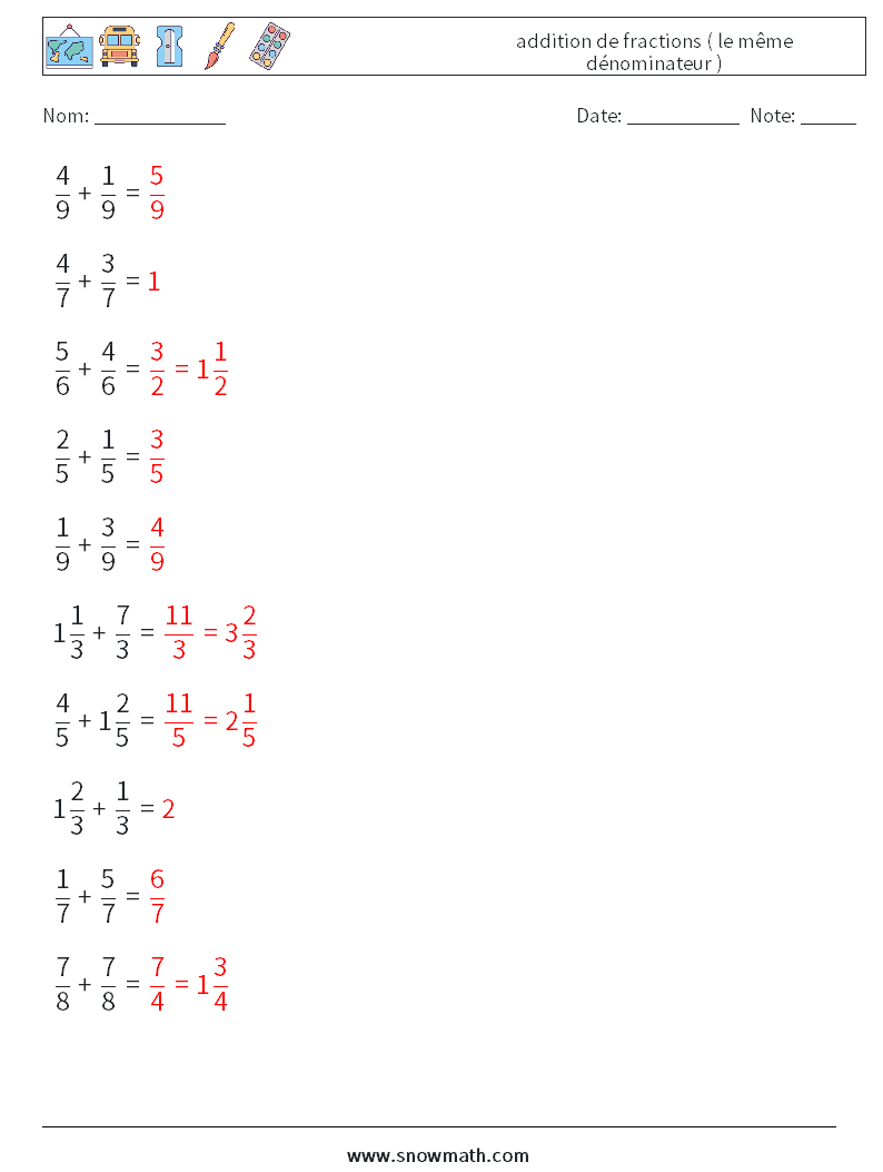 (10) addition de fractions ( le même dénominateur ) Fiches d'Exercices de Mathématiques 13 Question, Réponse