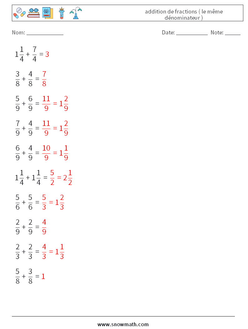 (10) addition de fractions ( le même dénominateur ) Fiches d'Exercices de Mathématiques 14 Question, Réponse
