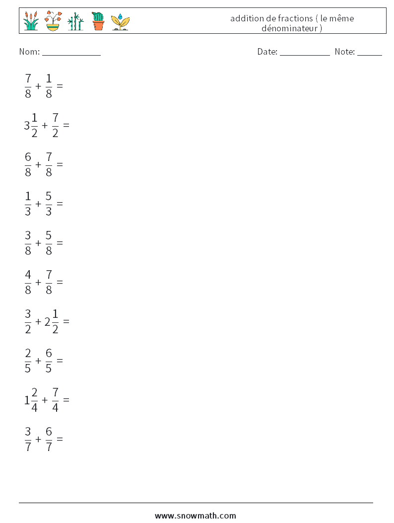 (10) addition de fractions ( le même dénominateur ) Fiches d'Exercices de Mathématiques 15