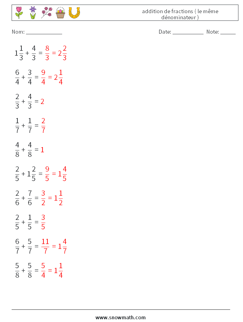 (10) addition de fractions ( le même dénominateur ) Fiches d'Exercices de Mathématiques 17 Question, Réponse