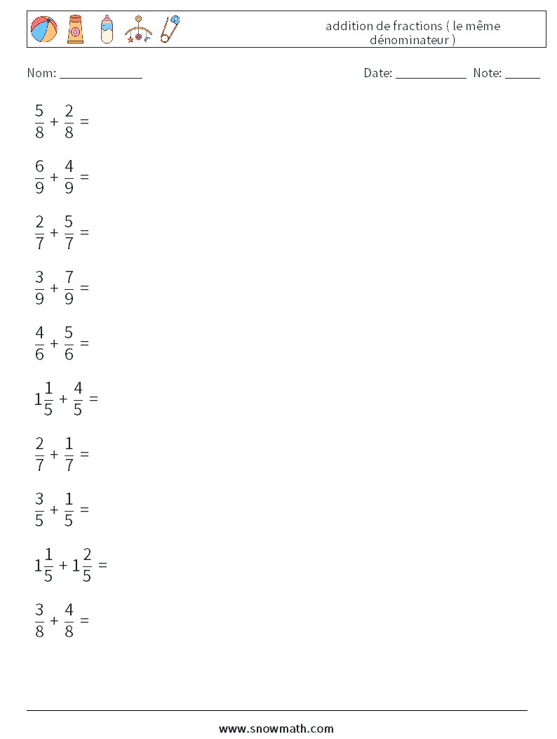 (10) addition de fractions ( le même dénominateur ) Fiches d'Exercices de Mathématiques 2