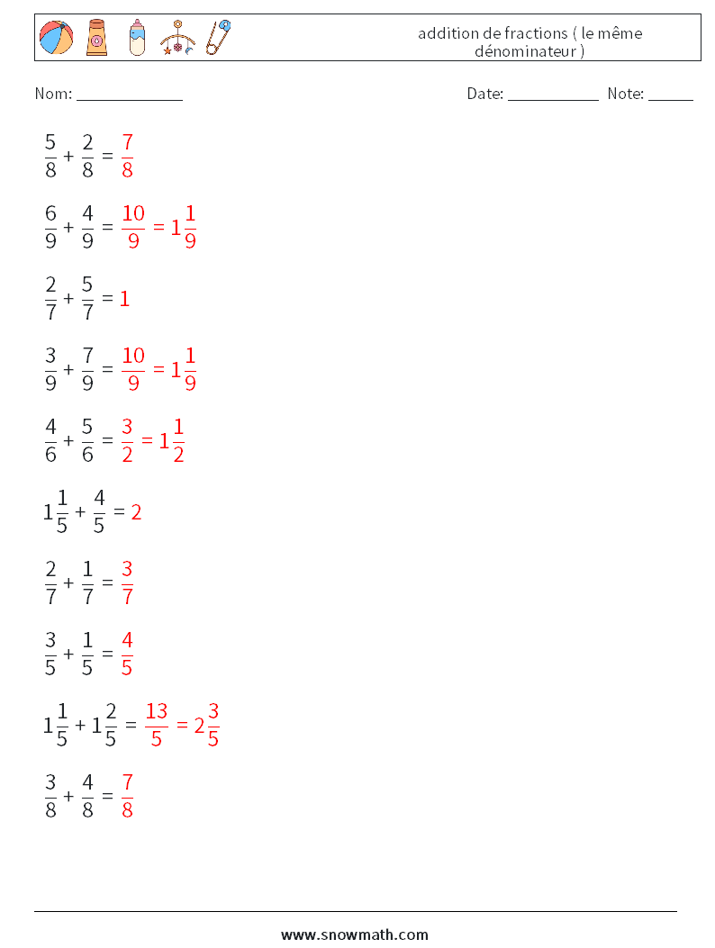 (10) addition de fractions ( le même dénominateur ) Fiches d'Exercices de Mathématiques 2 Question, Réponse