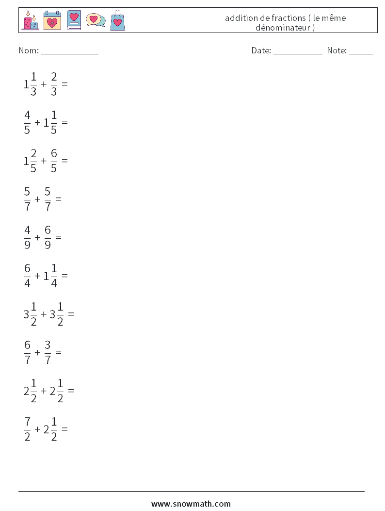 (10) addition de fractions ( le même dénominateur ) Fiches d'Exercices de Mathématiques 3