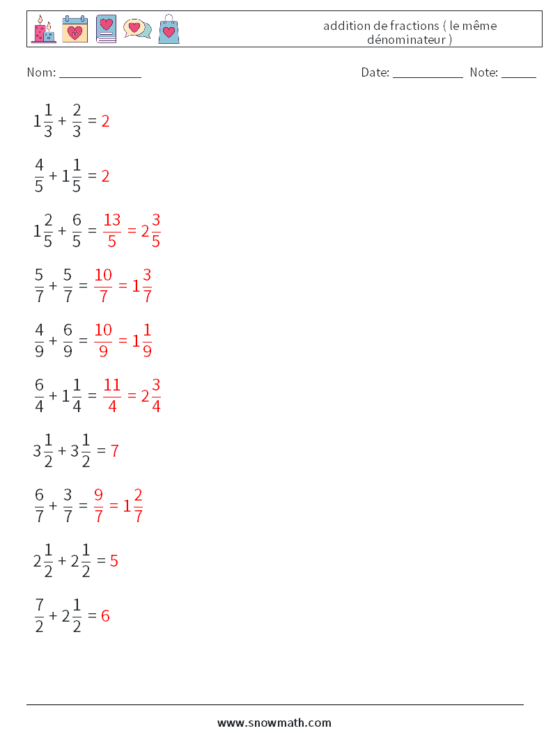 (10) addition de fractions ( le même dénominateur ) Fiches d'Exercices de Mathématiques 3 Question, Réponse