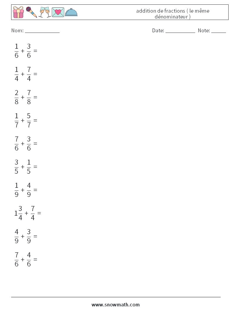 (10) addition de fractions ( le même dénominateur ) Fiches d'Exercices de Mathématiques 4