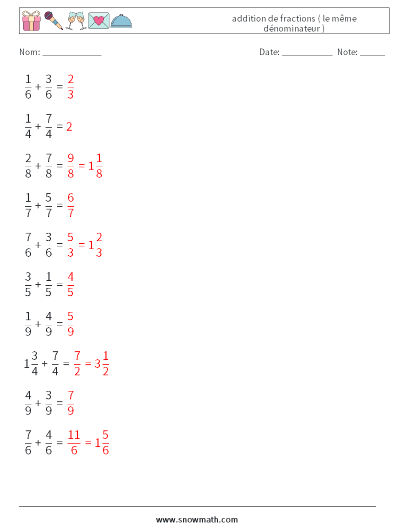 (10) addition de fractions ( le même dénominateur ) Fiches d'Exercices de Mathématiques 4 Question, Réponse