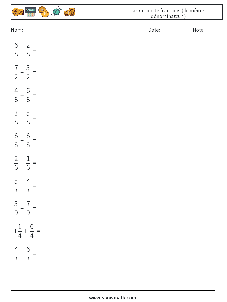 (10) addition de fractions ( le même dénominateur ) Fiches d'Exercices de Mathématiques 5