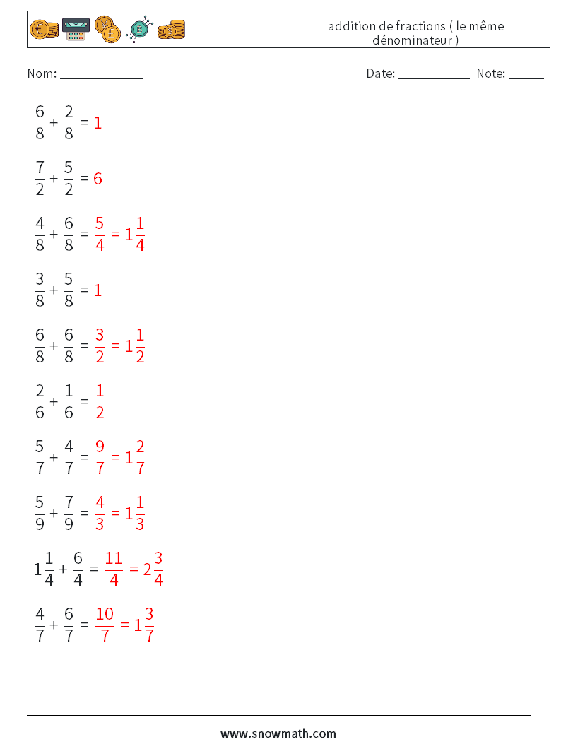 (10) addition de fractions ( le même dénominateur ) Fiches d'Exercices de Mathématiques 5 Question, Réponse