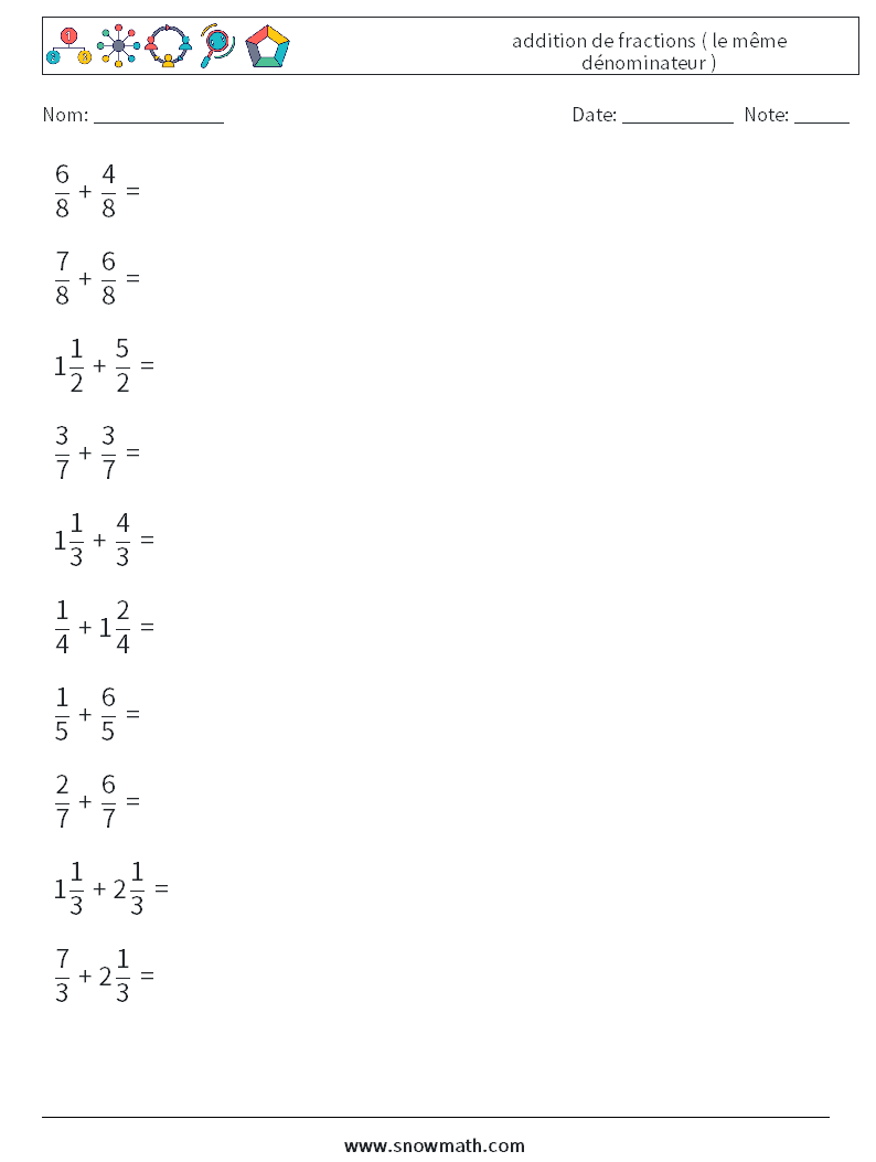(10) addition de fractions ( le même dénominateur ) Fiches d'Exercices de Mathématiques 6