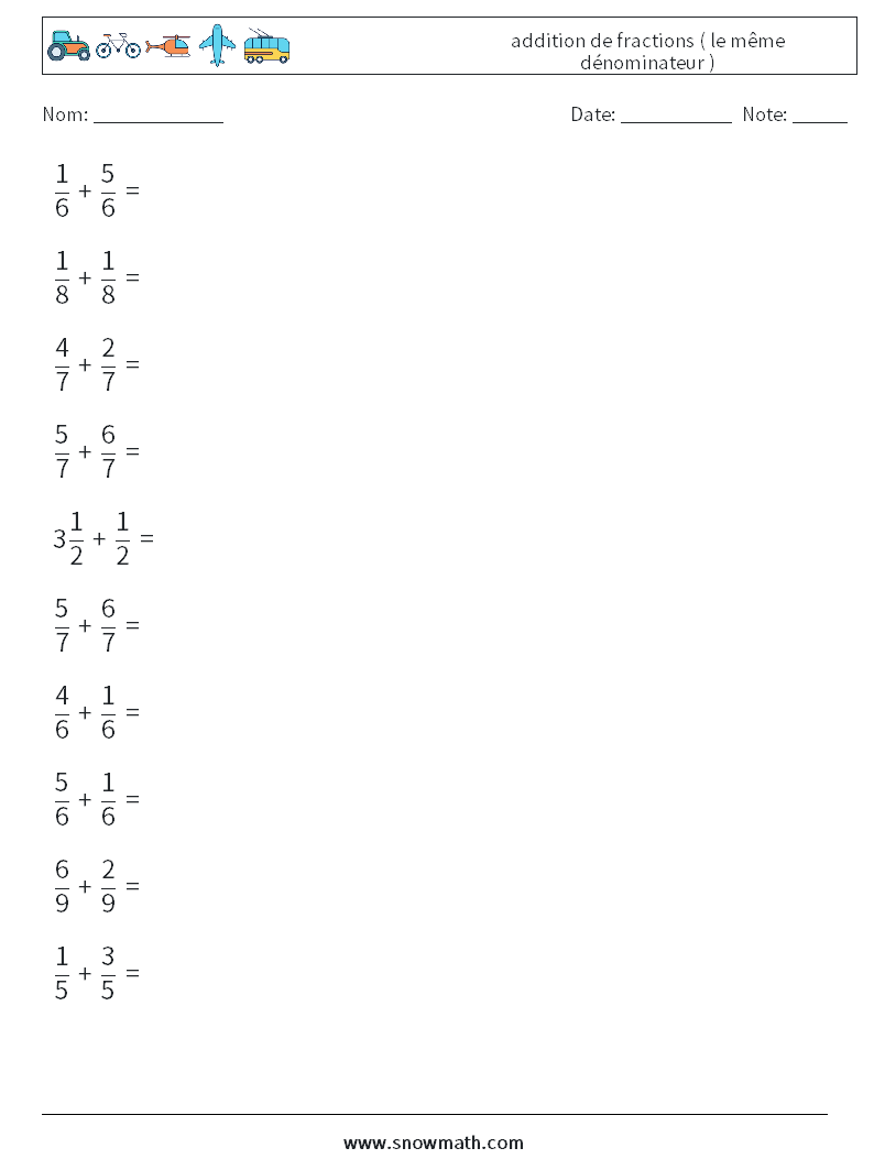 (10) addition de fractions ( le même dénominateur ) Fiches d'Exercices de Mathématiques 8