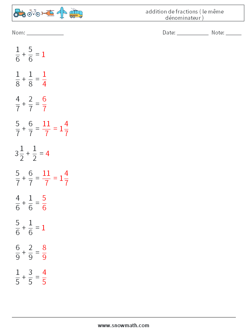 (10) addition de fractions ( le même dénominateur ) Fiches d'Exercices de Mathématiques 8 Question, Réponse