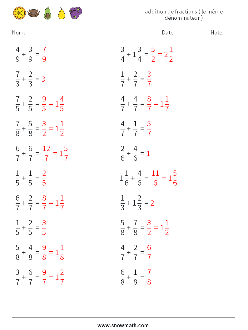 (20) addition de fractions ( le même dénominateur ) Fiches d'Exercices de Mathématiques 2 Question, Réponse