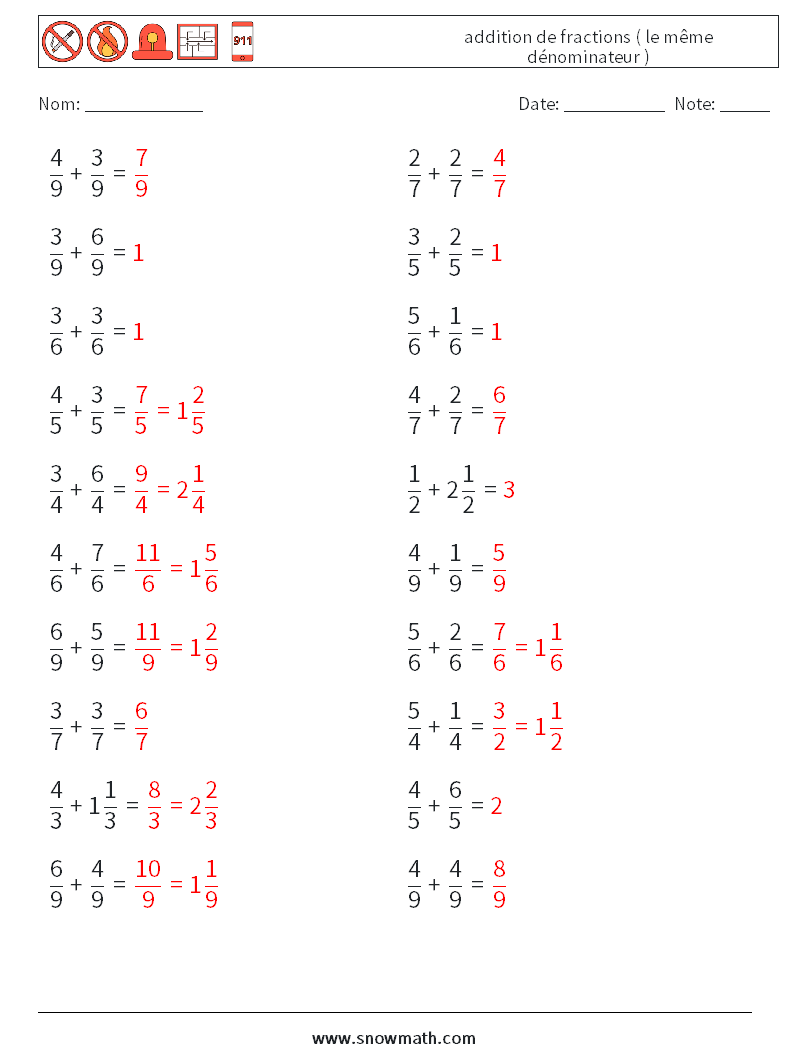 (20) addition de fractions ( le même dénominateur ) Fiches d'Exercices de Mathématiques 7 Question, Réponse