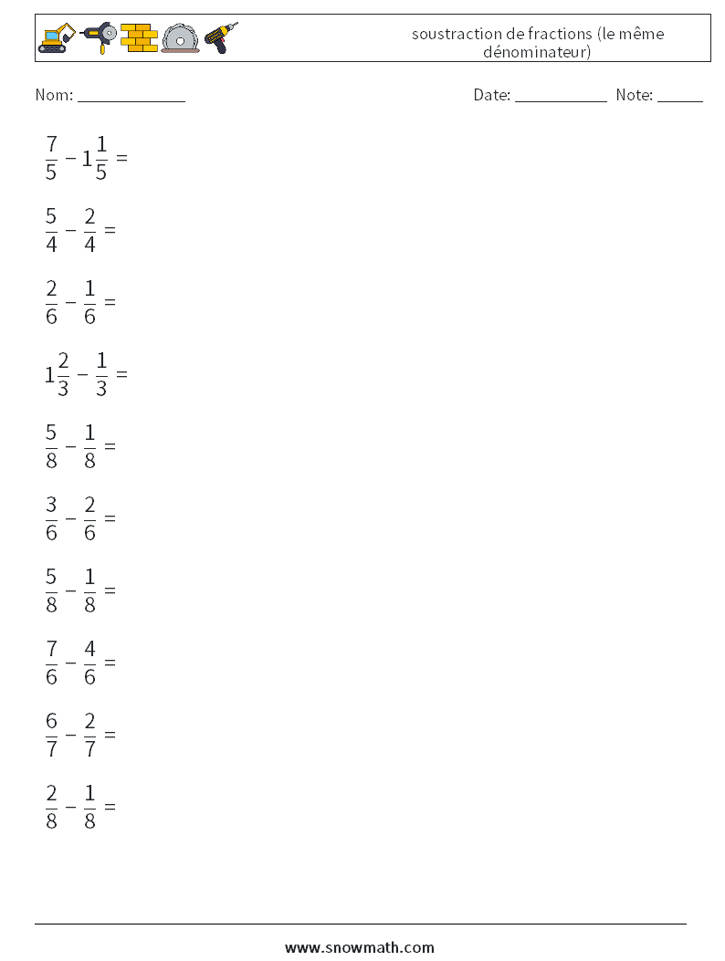 (10) soustraction de fractions (le même dénominateur) Fiches d'Exercices de Mathématiques 10