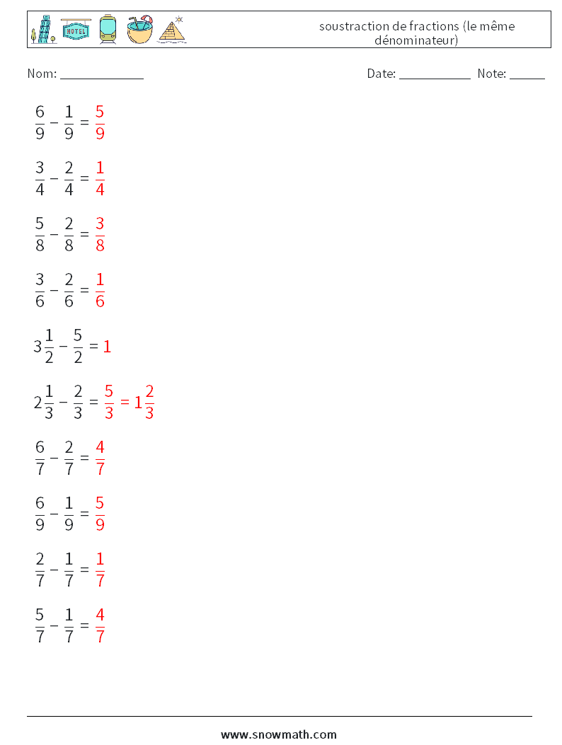 (10) soustraction de fractions (le même dénominateur) Fiches d'Exercices de Mathématiques 11 Question, Réponse