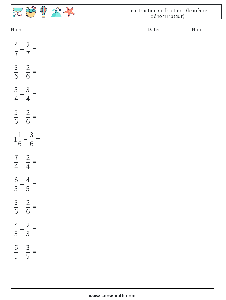 (10) soustraction de fractions (le même dénominateur) Fiches d'Exercices de Mathématiques 12