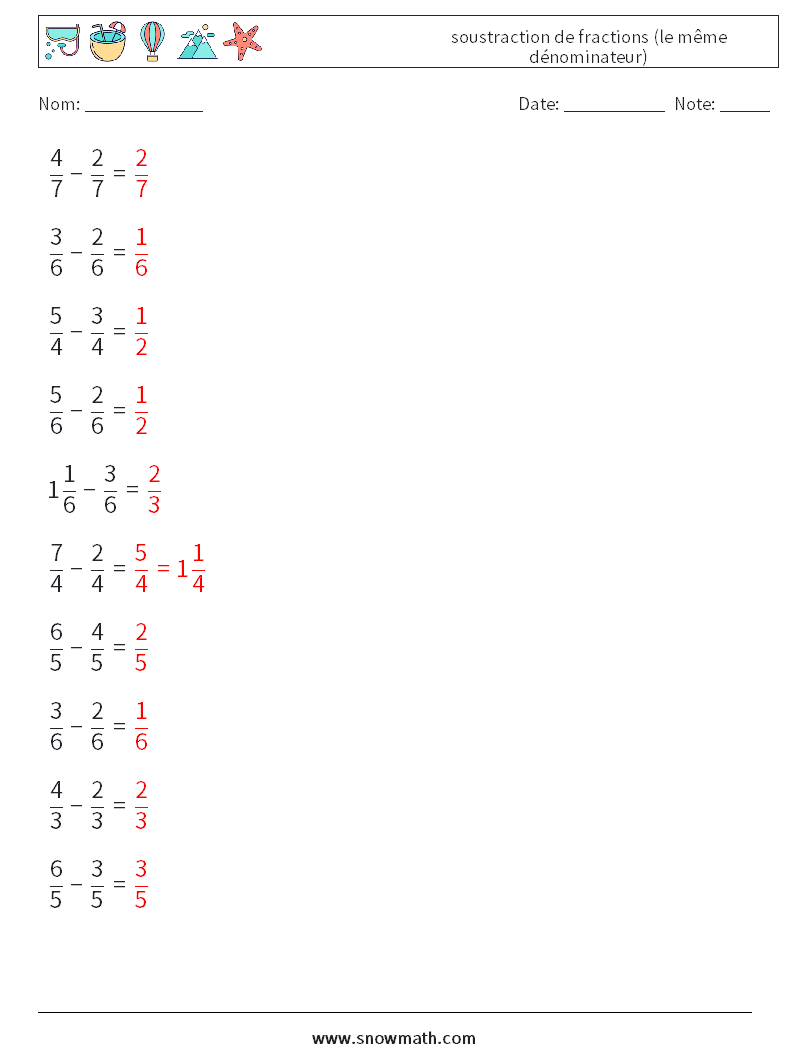 (10) soustraction de fractions (le même dénominateur) Fiches d'Exercices de Mathématiques 12 Question, Réponse