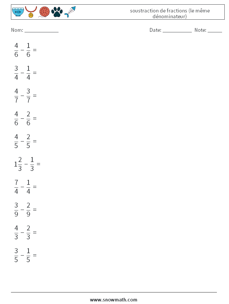 (10) soustraction de fractions (le même dénominateur) Fiches d'Exercices de Mathématiques 14