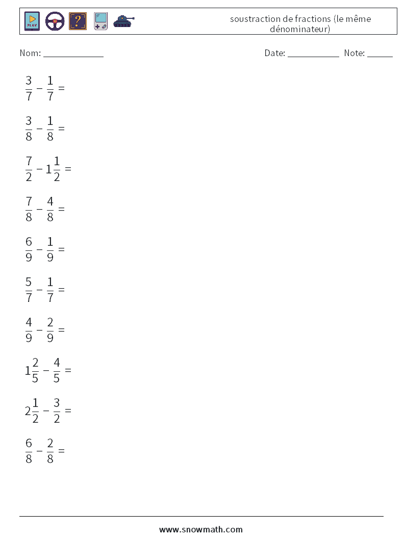 (10) soustraction de fractions (le même dénominateur) Fiches d'Exercices de Mathématiques 15