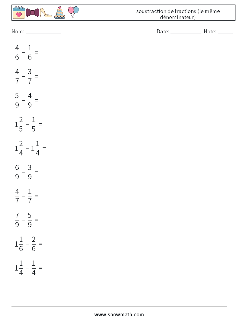 (10) soustraction de fractions (le même dénominateur) Fiches d'Exercices de Mathématiques 16