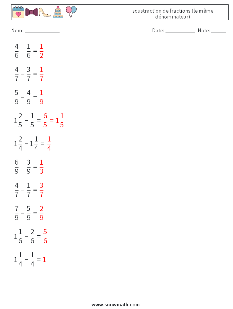 (10) soustraction de fractions (le même dénominateur) Fiches d'Exercices de Mathématiques 16 Question, Réponse