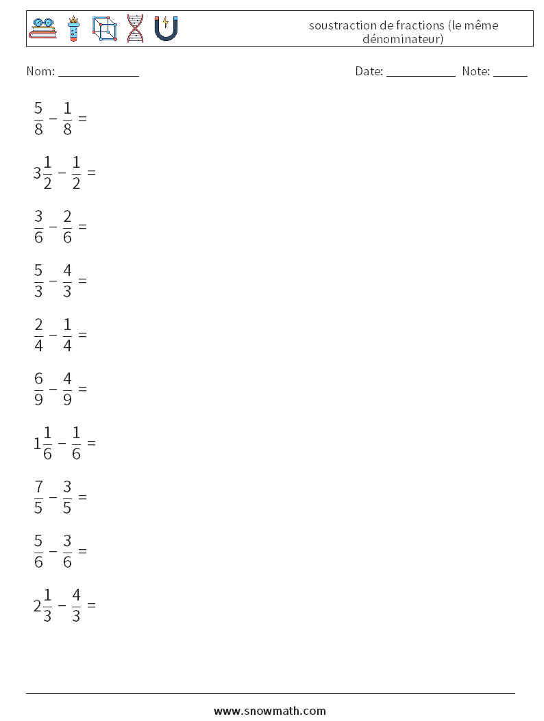 (10) soustraction de fractions (le même dénominateur) Fiches d'Exercices de Mathématiques 17