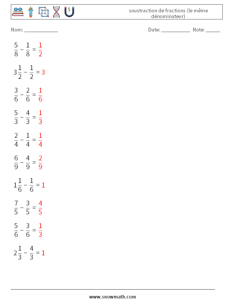 (10) soustraction de fractions (le même dénominateur) Fiches d'Exercices de Mathématiques 17 Question, Réponse