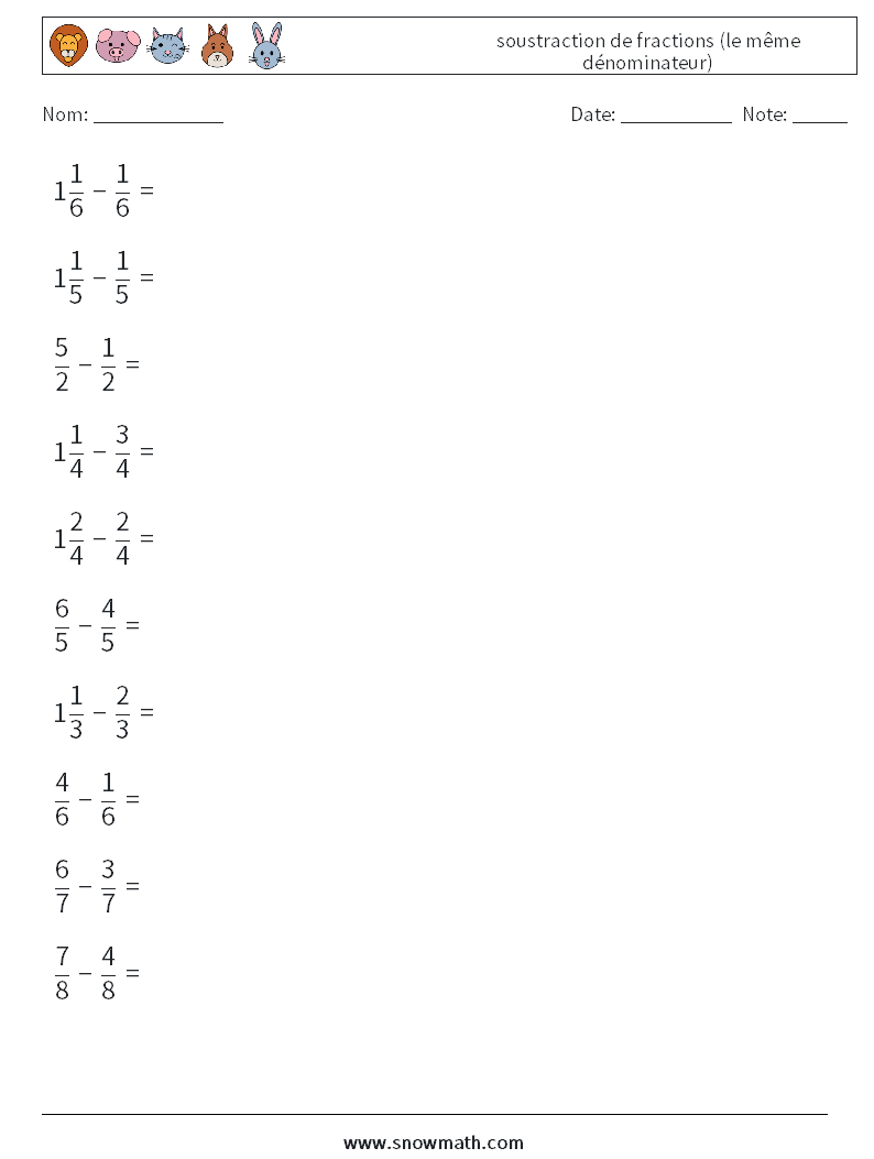 (10) soustraction de fractions (le même dénominateur) Fiches d'Exercices de Mathématiques 18