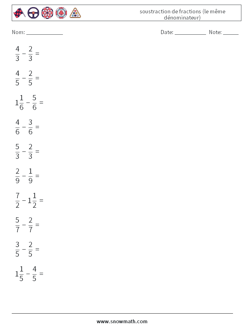 (10) soustraction de fractions (le même dénominateur) Fiches d'Exercices de Mathématiques 6