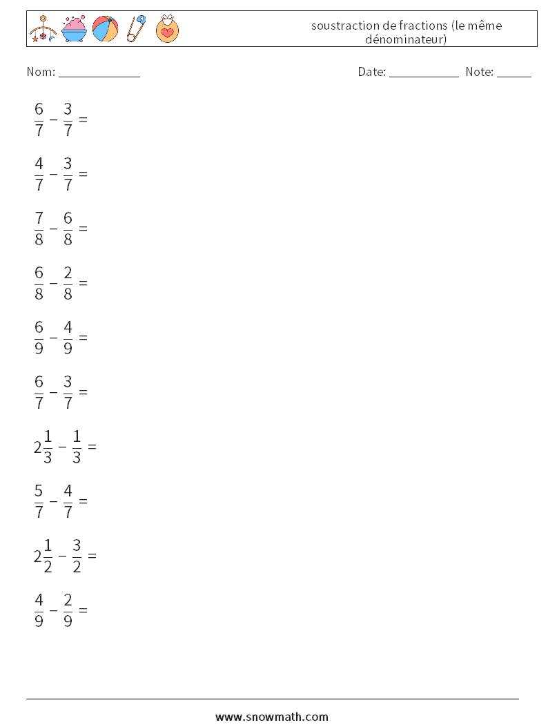 (10) soustraction de fractions (le même dénominateur) Fiches d'Exercices de Mathématiques 7